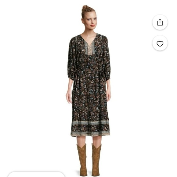 BeachLunchLounge Black Floral Puff Sleeve Midi Maxi Dress Tie Waist Boho XS NWT - Picture 1 of 13